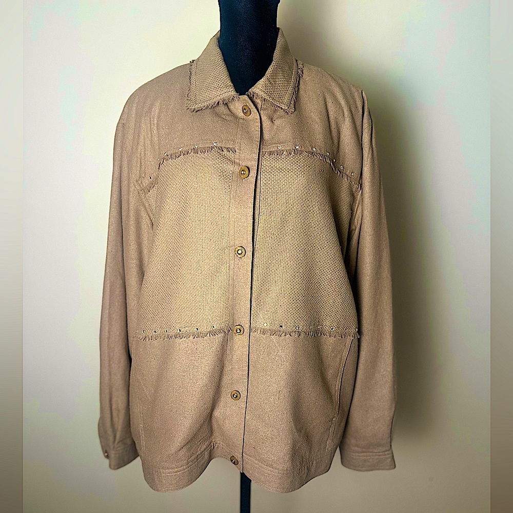 EVR Vintage 100% Silk Women’s Fringe Sequins Button Down Brown Top Shirt Jacket